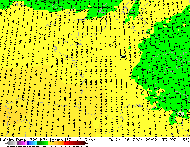 Géop./Temp. 700 hPa UK-Global mar 04.06.2024 00 UTC