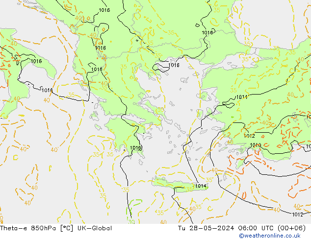 Theta-e 850hPa UK-Global mar 28.05.2024 06 UTC