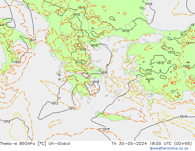 Theta-e 850hPa UK-Global Čt 30.05.2024 18 UTC