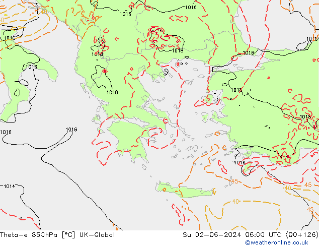 Theta-e 850hPa UK-Global  02.06.2024 06 UTC