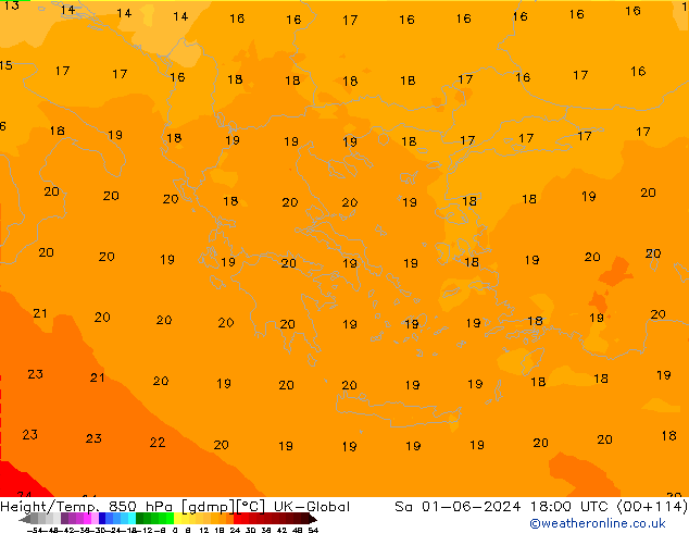 Height/Temp. 850 hPa UK-Global Sáb 01.06.2024 18 UTC