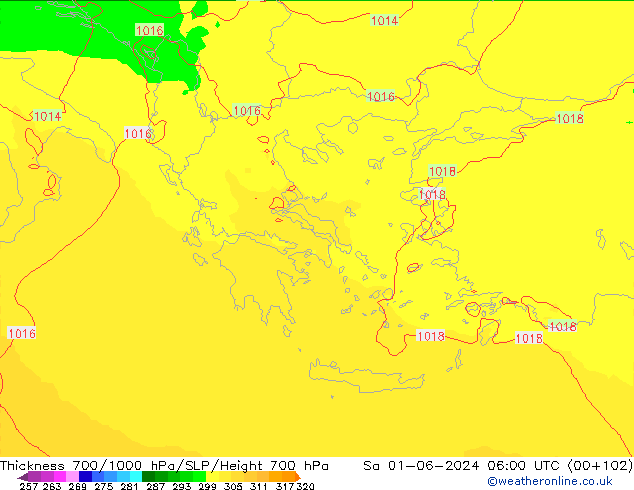 Thck 700-1000 hPa UK-Global  01.06.2024 06 UTC