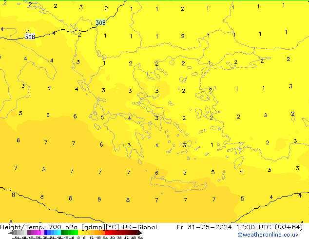 Height/Temp. 700 hPa UK-Global Fr 31.05.2024 12 UTC