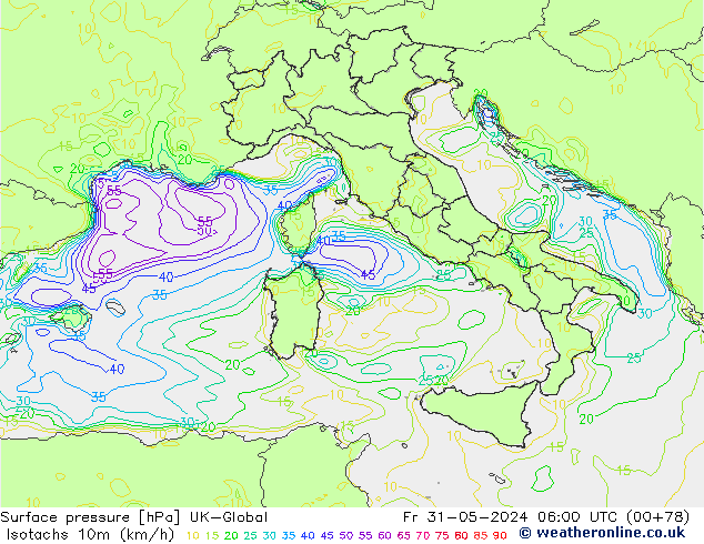 Isotachs (kph) UK-Global Fr 31.05.2024 06 UTC