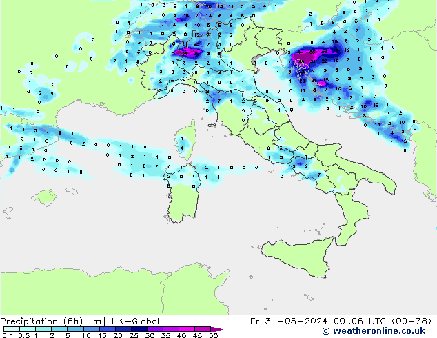 Precipitation (6h) UK-Global Fr 31.05.2024 06 UTC