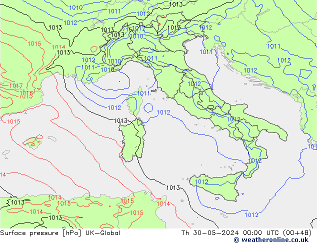 Pressione al suolo UK-Global gio 30.05.2024 00 UTC