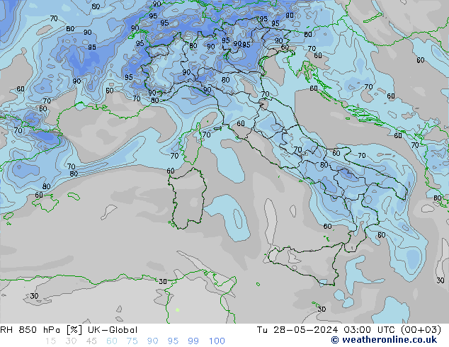 RH 850 hPa UK-Global Di 28.05.2024 03 UTC