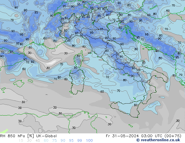 RH 850 hPa UK-Global Pá 31.05.2024 03 UTC