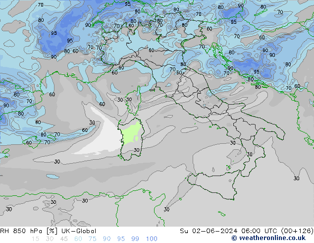 RH 850 hPa UK-Global Su 02.06.2024 06 UTC