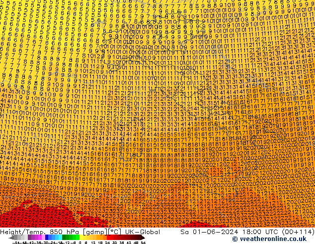 Height/Temp. 850 hPa UK-Global sab 01.06.2024 18 UTC