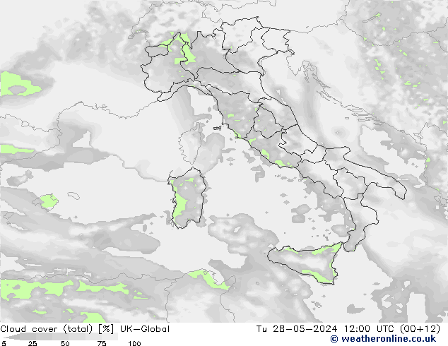 Cloud cover (total) UK-Global Tu 28.05.2024 12 UTC