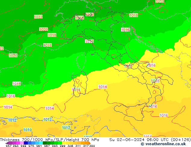 Espesor 700-1000 hPa UK-Global dom 02.06.2024 06 UTC