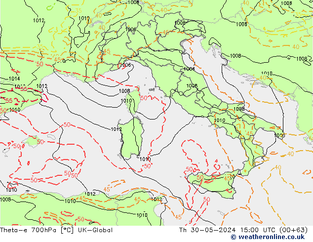 Theta-e 700hPa UK-Global czw. 30.05.2024 15 UTC