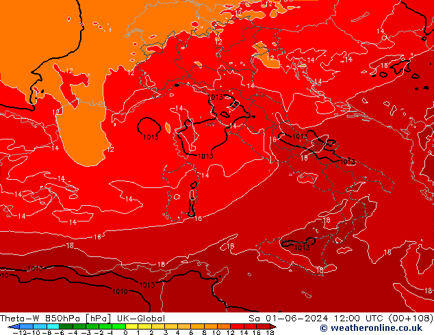 Theta-W 850hPa UK-Global Sa 01.06.2024 12 UTC