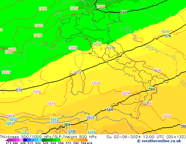 Schichtdicke 500-1000 hPa UK-Global So 02.06.2024 12 UTC