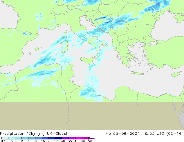 Precipitation (6h) UK-Global Mo 03.06.2024 00 UTC