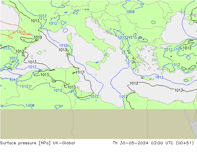 Surface pressure UK-Global Th 30.05.2024 03 UTC