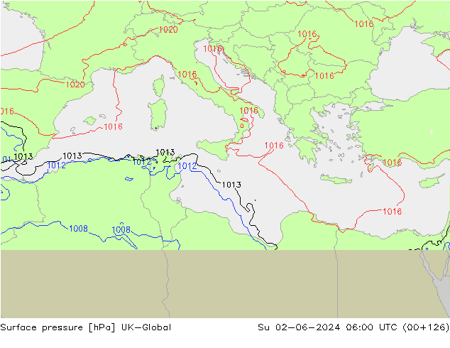 Pressione al suolo UK-Global dom 02.06.2024 06 UTC