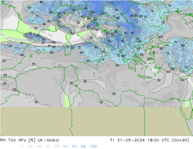 Humedad rel. 700hPa UK-Global vie 31.05.2024 18 UTC