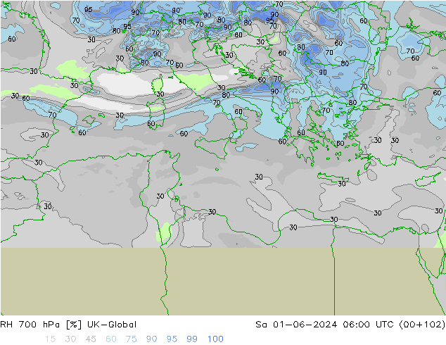 Humedad rel. 700hPa UK-Global sáb 01.06.2024 06 UTC