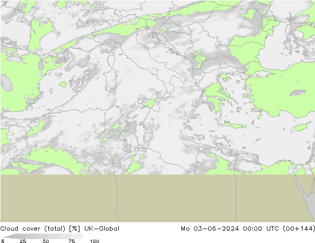 Cloud cover (total) UK-Global Po 03.06.2024 00 UTC
