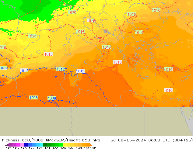 Thck 850-1000 гПа UK-Global Вс 02.06.2024 06 UTC