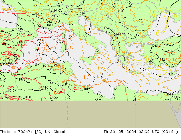 Theta-e 700hPa UK-Global Th 30.05.2024 03 UTC