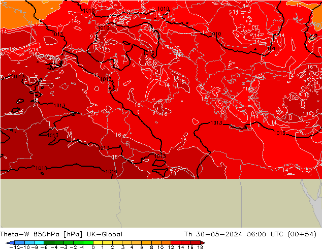 Theta-W 850гПа UK-Global чт 30.05.2024 06 UTC