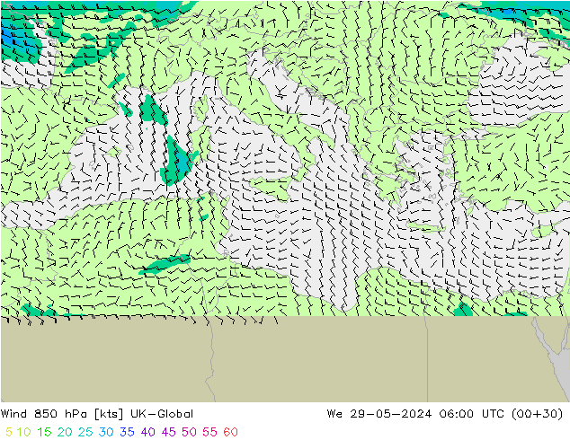 Wind 850 hPa UK-Global St 29.05.2024 06 UTC