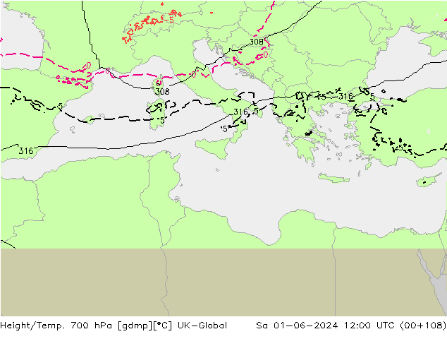 Geop./Temp. 700 hPa UK-Global sáb 01.06.2024 12 UTC