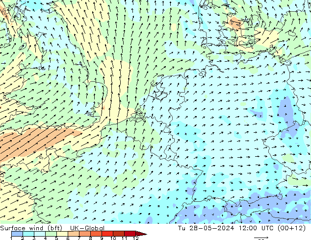 Viento 10 m (bft) UK-Global mar 28.05.2024 12 UTC