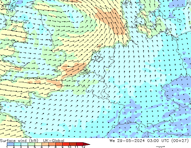 wiatr 10 m (bft) UK-Global śro. 29.05.2024 03 UTC