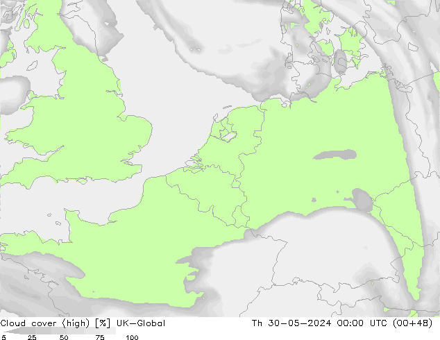 Cloud cover (high) UK-Global Th 30.05.2024 00 UTC