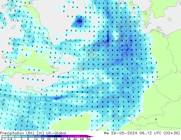 Precipitation (6h) UK-Global St 29.05.2024 12 UTC