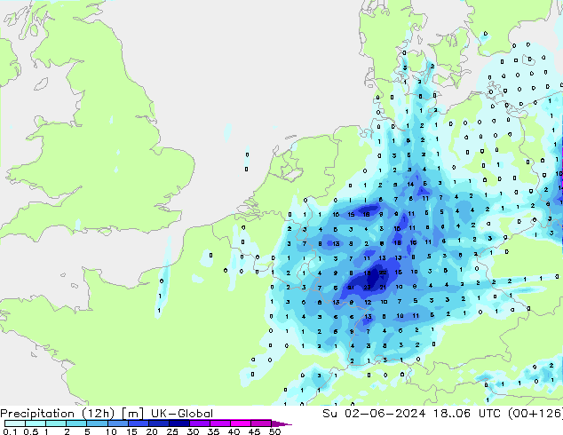 Precipitation (12h) UK-Global Su 02.06.2024 06 UTC