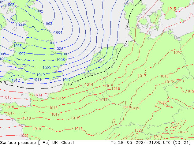 Surface pressure UK-Global Tu 28.05.2024 21 UTC