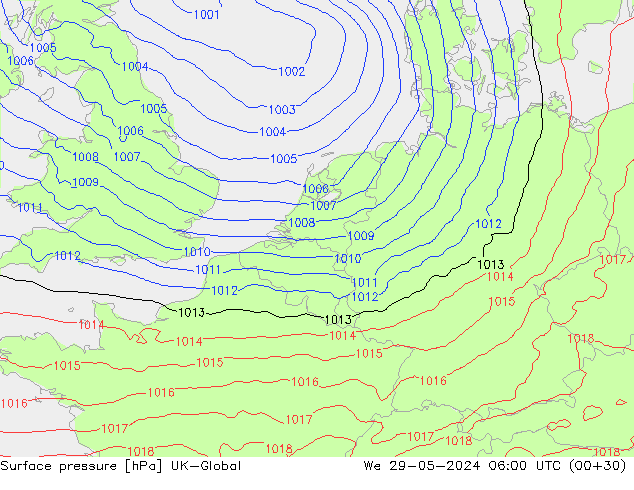 Presión superficial UK-Global mié 29.05.2024 06 UTC