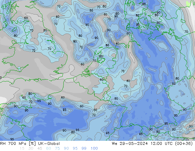 RH 700 hPa UK-Global Mi 29.05.2024 12 UTC