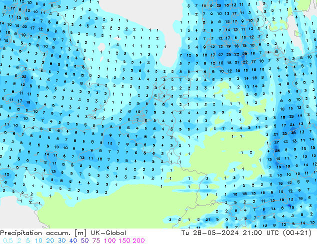 Precipitation accum. UK-Global Tu 28.05.2024 21 UTC