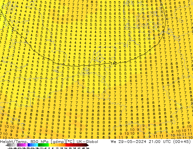 Yükseklik/Sıc. 850 hPa UK-Global Çar 29.05.2024 21 UTC