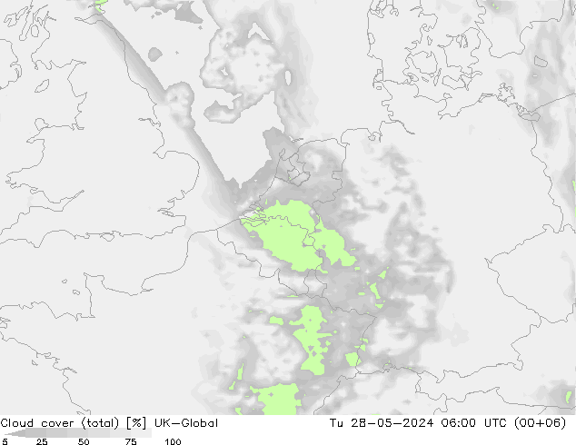 Cloud cover (total) UK-Global Tu 28.05.2024 06 UTC