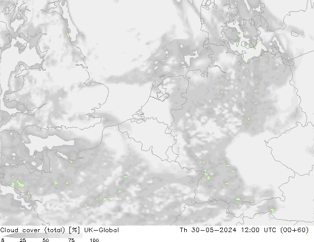 Cloud cover (total) UK-Global Th 30.05.2024 12 UTC