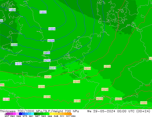 Thck 700-1000 hPa UK-Global We 29.05.2024 00 UTC