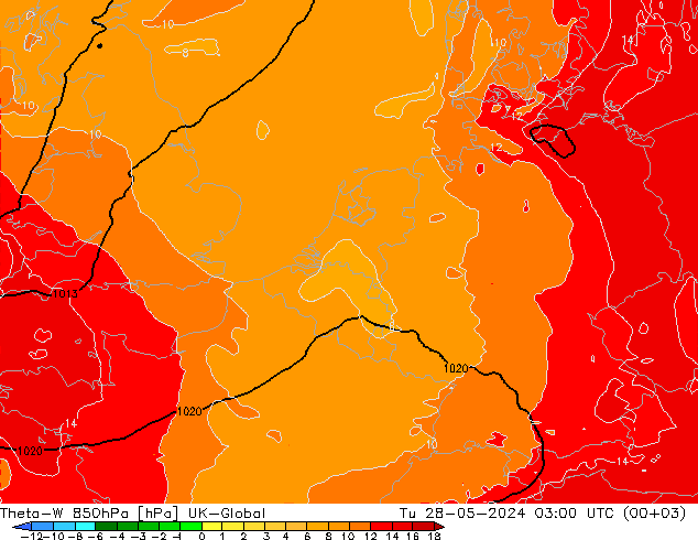 Theta-W 850hPa UK-Global 星期二 28.05.2024 03 UTC