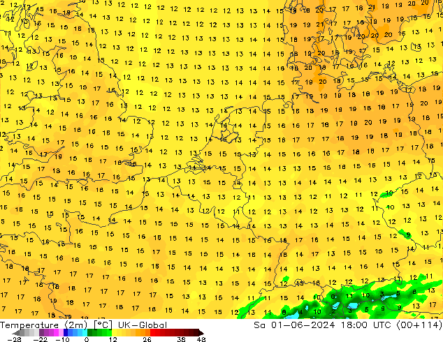 Temperature (2m) UK-Global So 01.06.2024 18 UTC