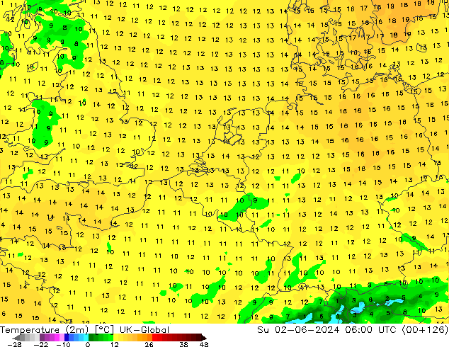 Temperature (2m) UK-Global Su 02.06.2024 06 UTC