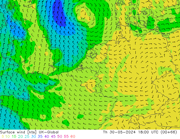 Rüzgar 10 m UK-Global Per 30.05.2024 18 UTC