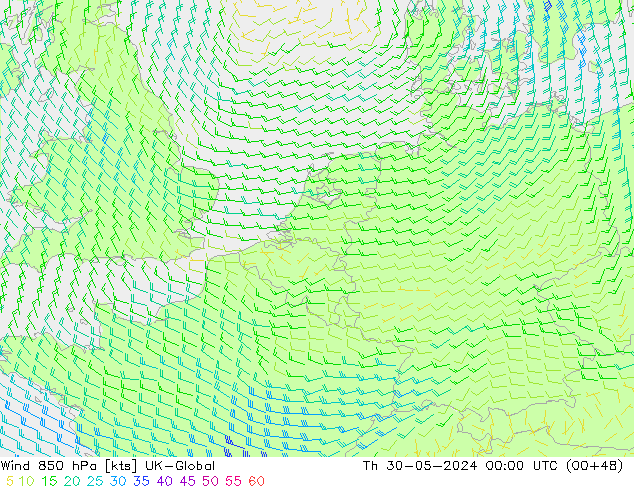 Vento 850 hPa UK-Global Qui 30.05.2024 00 UTC