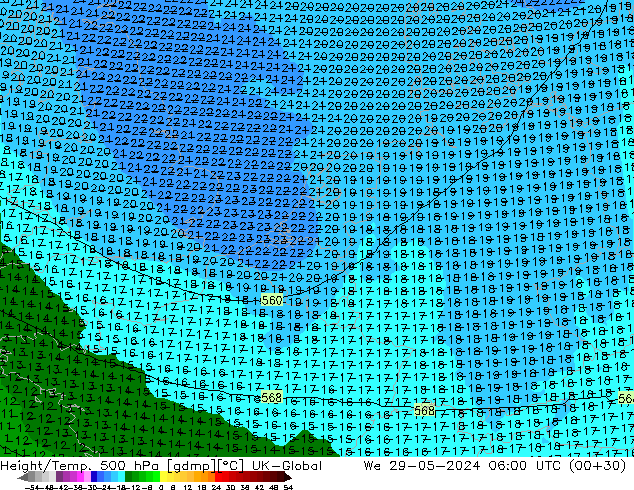 Géop./Temp. 500 hPa UK-Global mer 29.05.2024 06 UTC