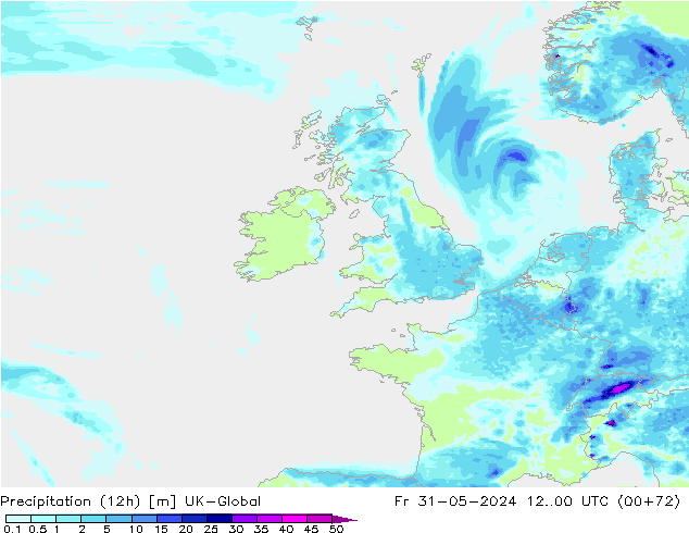 Precipitation (12h) UK-Global Fr 31.05.2024 00 UTC